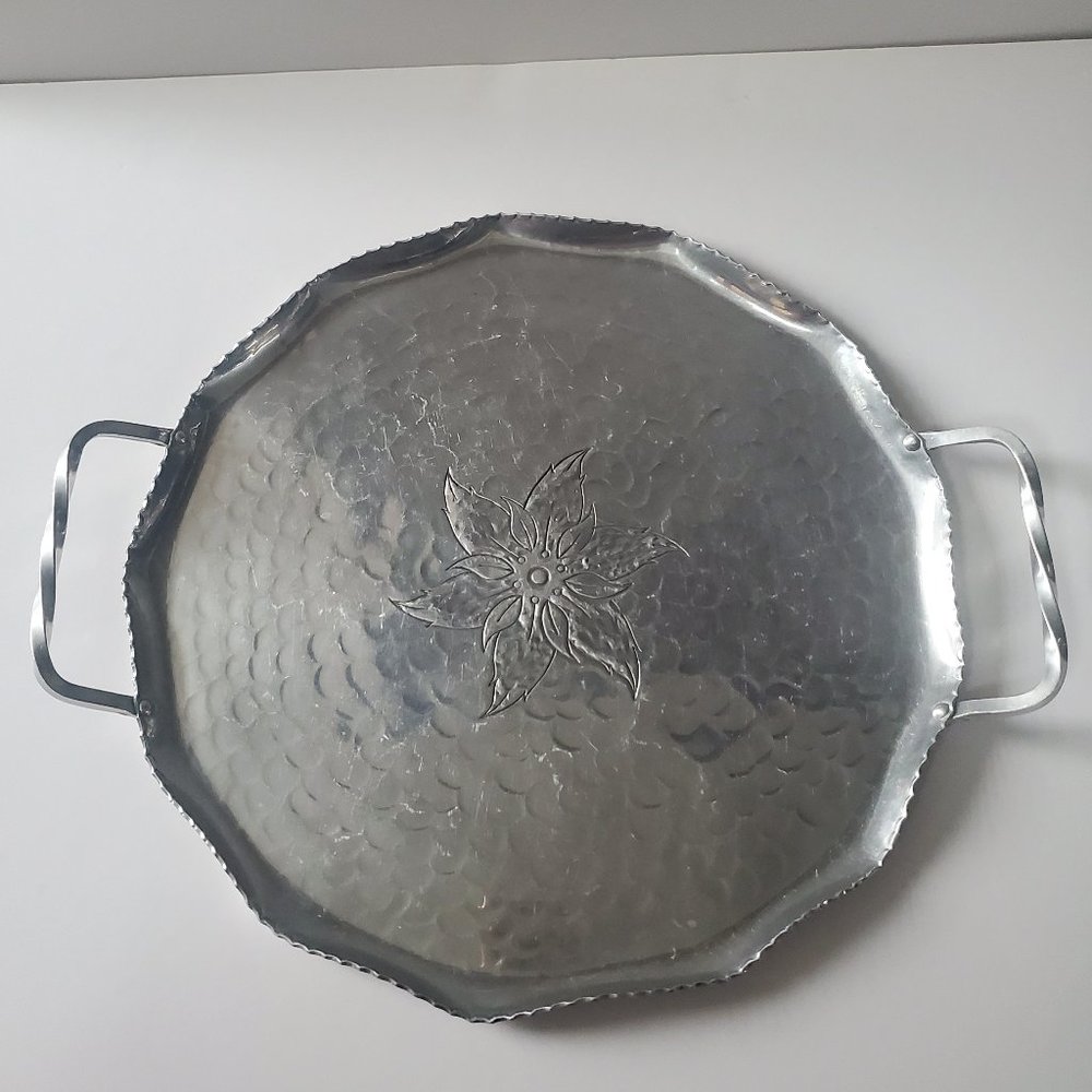 VTG Round Hammered Silver Metal Tray Handmade w/ Etched Art Twisted Handles